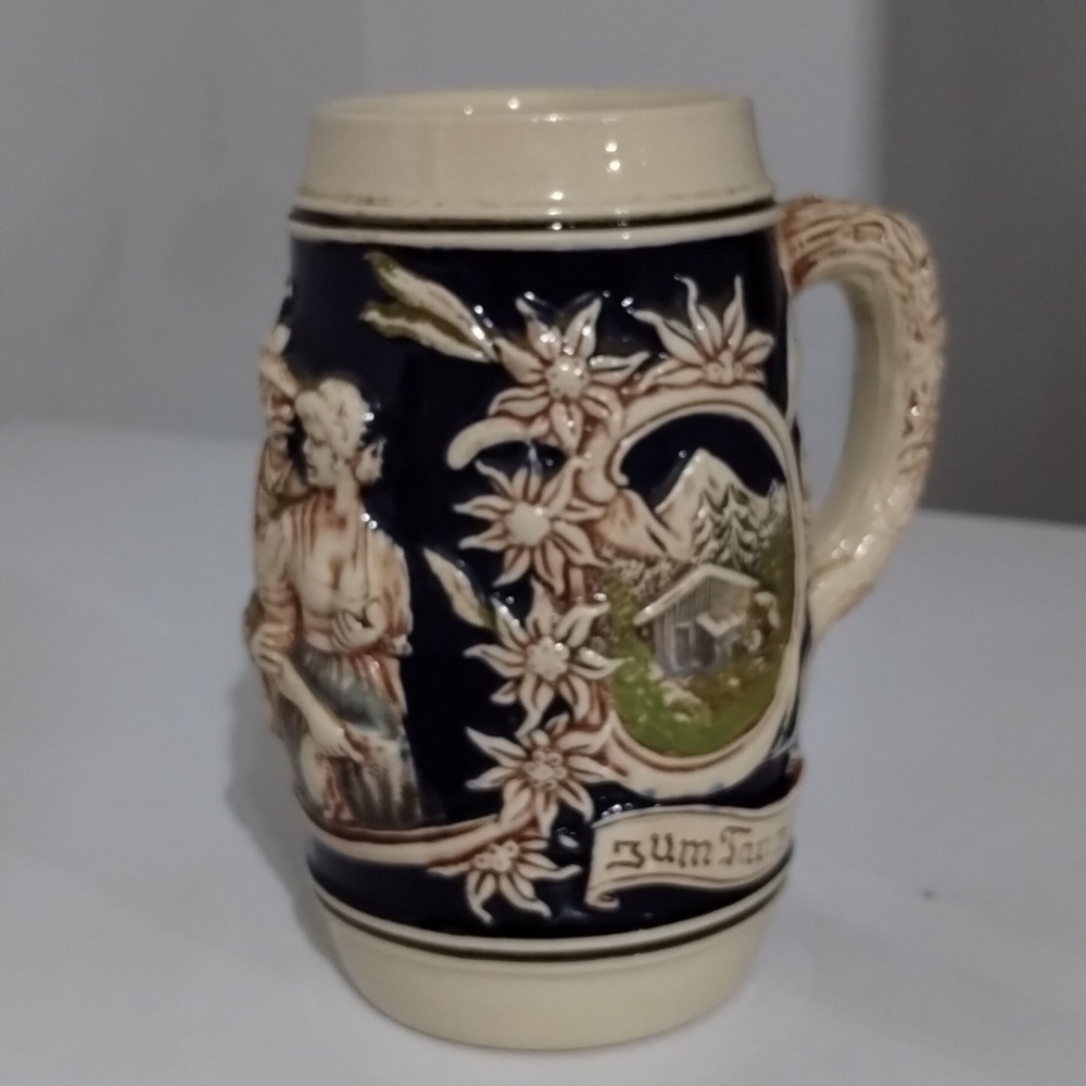 Beer Stein mug couple with church theme blue and cream